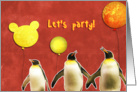 let’s party, birthday party invitation, penguins, balloons card