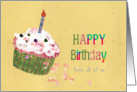 Happy Birthday from all of us, birthday card, cupcake, candle, hearts card