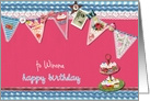 custom personalized birthday card, bunting & cupcakes, blue & magenta card