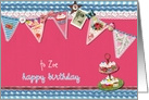 custom personalized birthday card, bunting & cupcakes, blue & magenta card