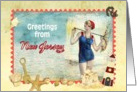 greetings from New Jersey, vintage bathing beauty, beach, shells card