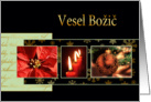 Merry Christmas in Slovenian, poinsettia, ornament, candles card