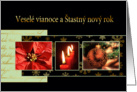 Merry Christmas in Slovak, poinsettia, ornament, candles card