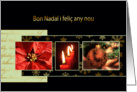 Merry Christmas in Catalan, poinsettia, ornament, candles card