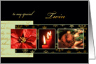 Merry Christmas to my twin, poinsettia, ornament, gold effect card