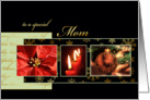 Merry Christmas to my mom, ornament, poinsettia, gold effect card