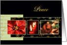 Peace, Christmas card, gold effect, poinsettia, candles, ornament card