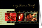 to my Pastor & family, Christmas card, gold effect, poinsettia, luke 2 card