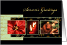 Season’s greetings, gold effect, poinsettia, candle, ornament card