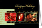 Happy Holidays, gold effect, poinsettia, candle, ornament card