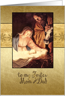 Merry Christmas to my foster mom & dad, nativity, gold effect card