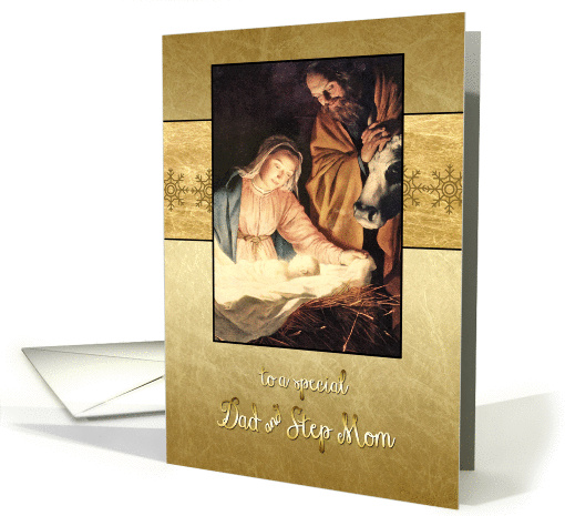 Merry Christmas to my dad & step mom, nativity, gold effect card