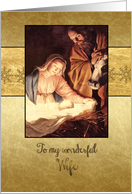 Merry Christmas to my wonderful wife, nativity, gold effect card