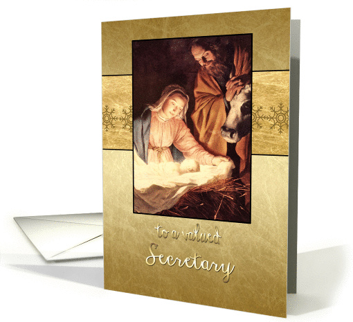 to a valued secretary, nativity, Christmas card, gold effect card