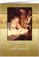 to a valued secretary, nativity, Christmas card, gold effect card