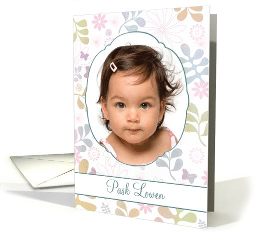 Pask Lowen, Happy Easter in cornish, photo card, flowers, teal card