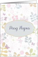 Happy Easter in Welsh, Pasg Hapus, teal, pink, purple florals card