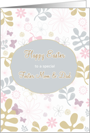 Happy Easter to my foster parents, florals, teal, purple card