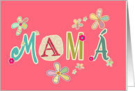 mamá, happy mother’s day in Spanish, letters and flowers, pink card