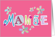 Mame, happy mother’s day in Portuguese, letters and flowers, pink card