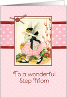 happy Easter to my Step Mom, vintage bunny, ribbon effect, red card