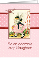 happy Easter to my Step Daughter, vintage bunny, ribbon effect, red card