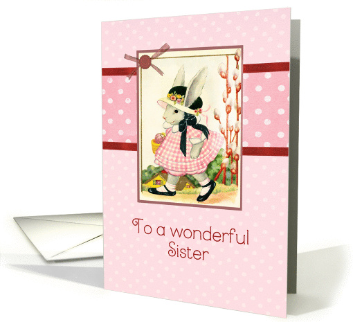 happy Easter to my Sister, vintage bunny, ribbon effect, red card