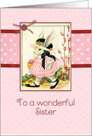 happy Easter to my Sister, vintage bunny, ribbon effect, red card