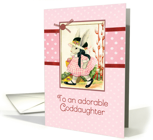 happy Easter to my goddaughter, vintage bunny, ribbon effect, red card