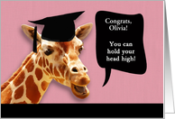 Olivia, Congrats on graduating, customizable card, smiling giraffe card