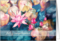 Happy Birthday in Spanish, water lillies, watercolor painting card