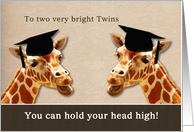 To two bright twins, congratulations on graduating, giraffes card