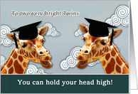 To two bright twins, congratulations on graduating, giraffes card