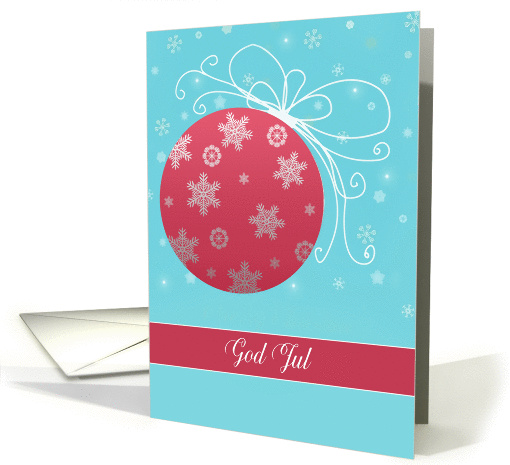 God Jul, Merry Christmas in Swedish, red and white ornament card