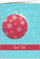 God Jul, Merry Christmas in Swedish, red and white ornament card