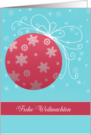 Frohe Weihnachten, Merry Christmas in German, red glass ornament, card