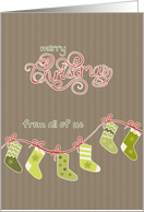 Merry Christmas from all of us, green stockings, kraft paper effect card