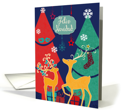 Merry Christmas in Spanish, Feliz Navidad, retro reindeers card