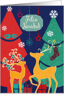 Merry Christmas in Spanish, Feliz Navidad, retro reindeers card