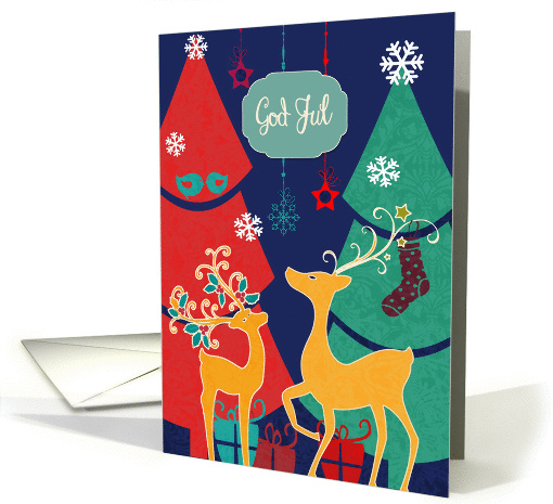 Merry Christmas in Norwegian, God Jul, retro reindeers card (1108172)