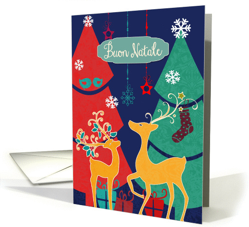 Merry Christmas in Italian, Buon Natale, retro reindeers card