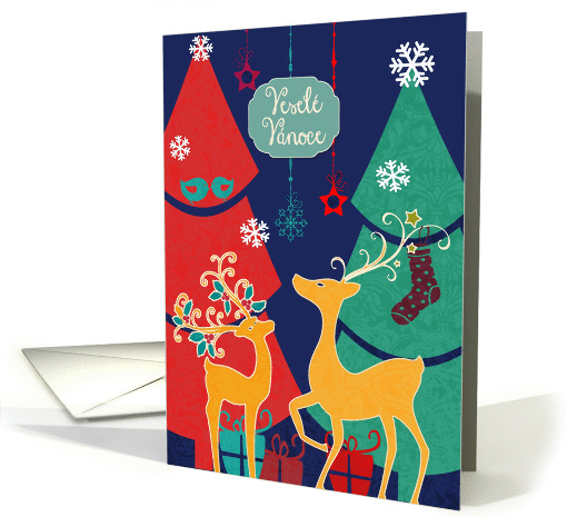 Merry Christmas in Czech, retro reindeers card (1109050)