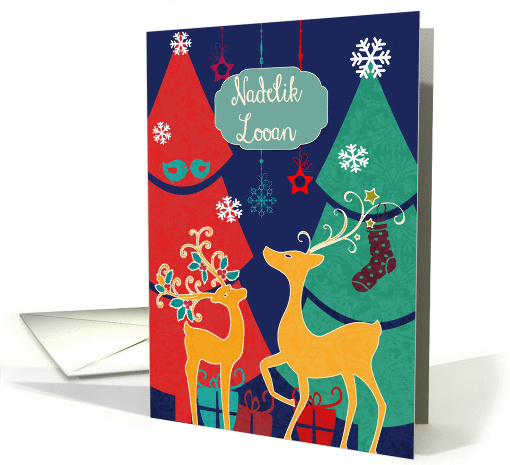 Merry Christmas in Cornish, Nadelik Looan, retro reindeers card
