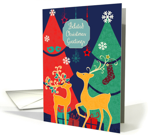 Belated Christmas greetings, retro Christmas card, reindeer card