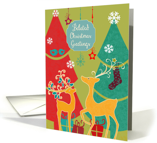 Belated Christmas greetings, retro Christmas card, reindeer card