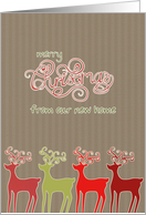 Merry Christmas from our new home, reindeers, kraft paper effect card