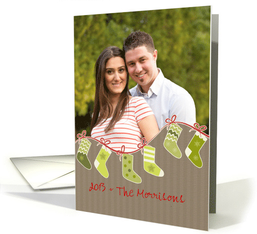 Christmas Photo card, green stockings, kraft paper effect card