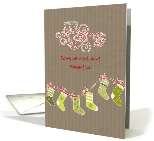 Customizable Christmas card, green stockings, kraft paper effect card