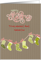 Customizable Christmas card, green stockings, kraft paper effect card