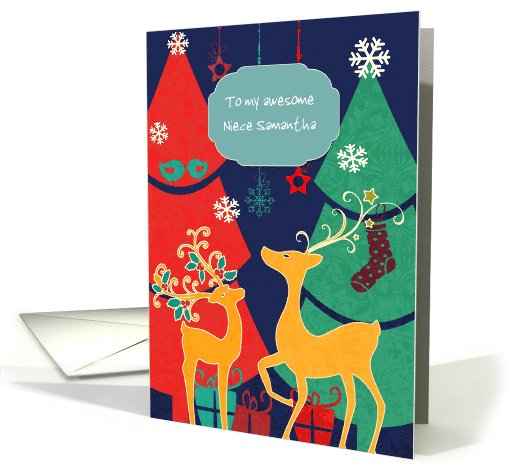 Customizable Christmas card, reindeer, Christmas trees, retro card